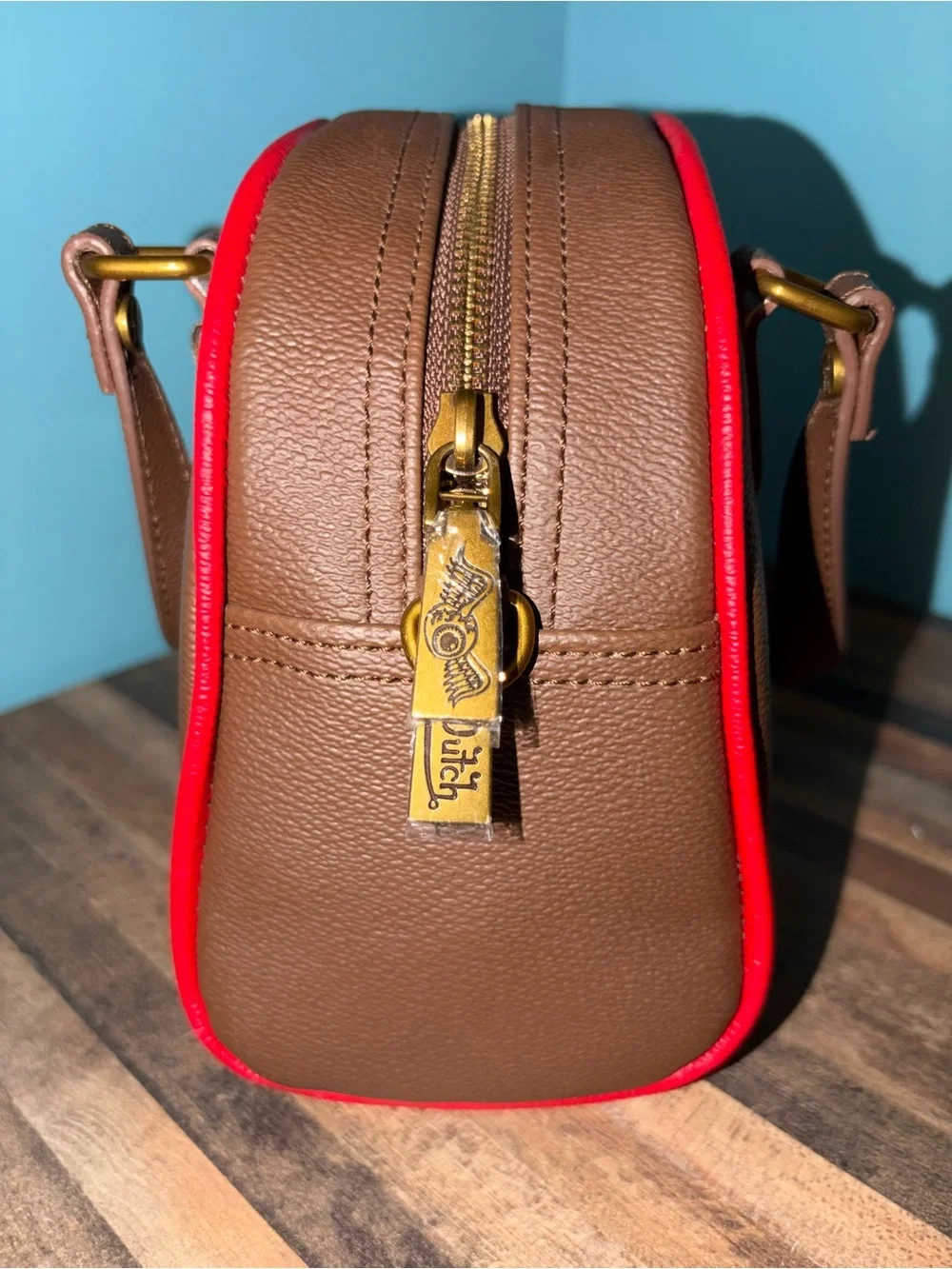 Von Dutch Brown Bowling Bag with Red Logo Trim and Shoulder Strap. NWOT